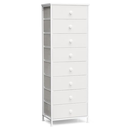 Crestlive Products Tall Dresser, 8-Drawer Fabirc Storage Tower, Chests of Drawers - Vertical Organizer Unit for Bedroom, Hallway, Entryway, Nursery, Closets - Steel Frame, Wood Top & Handles (White) - color: White, style: Narrow-8 Drawers