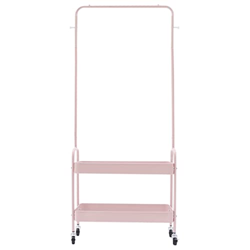 2-Tiers Clothes Rack Freestanding Clothing Garment Rack with Metal Basket Rolling Storage Clothes Shelves Portable Organizer Coat Rack for Entryway Home Bedroom Laundry Small Place (Pink) - color: Pink