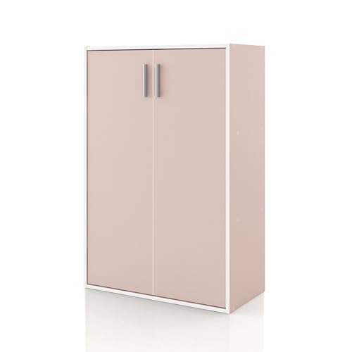 Homes: Inside + Out Apexa 3-Tier Stackable Wood Bookcase with Doors, Cube Storage Organizer Shelves, Small Food Pantry Cabinet, Dorm Teen Room Decor & Bedroom, Home Office, Kitchen, Light Pink - color: Light Pink, size: 3-Tier