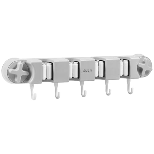 Broom Holder Wall Mount Sturdy Mop and Broom Organizer with 4 Racks and 5 Hooks Vacuum Suction Cup Broom Mop Holder for Home, kitchen, Garden, Tools, Garage (grey) - color: Grey