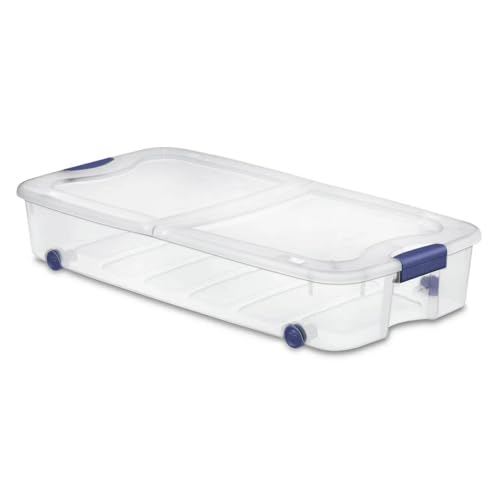 66 Quart Wheeled Latch Box, Clear Underbed Storage Bin with Lid, Blue
