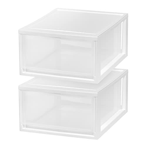 IRIS USA 30 Qt. Plastic Drawer Storage Organizer Stacking Drawers, 2-Pack, Stackable Unit with Sliding Drawer for Clothes Bedroom Kitchen Under Sink Pantry Craft Room Bathroom Dorm Office, White - size: 30 Qt., style: 2 Pack