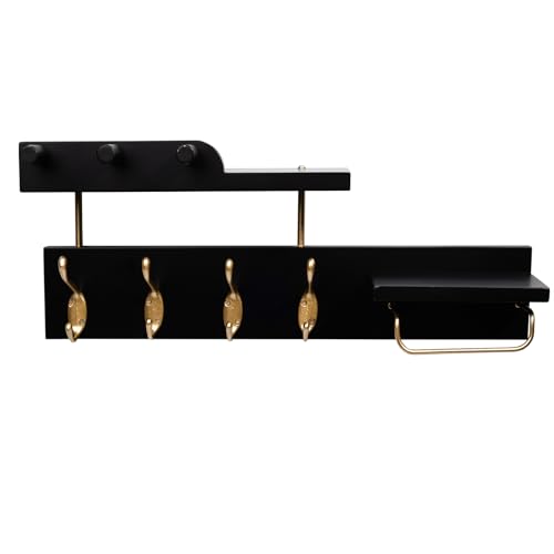 Coat Rack Wall Mount with Shelf, 4 in 1 Wood Coat Hooks with Key and Mail Holder, 17 Inch Entryway Hanging Shelf with Sunglasses Holder and 4 Metal Hooks for Clothes Hats Bag, Black and Gold - color: Black