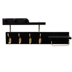 Coat Rack Wall Mount with Shelf, 4 in 1 Wood Coat Hooks with Key and Mail Holder, 17 Inch Entryway Hanging Shelf with Sunglasses Holder and 4 Metal Hooks for Clothes Hats Bag, Black and Gold - color: Black