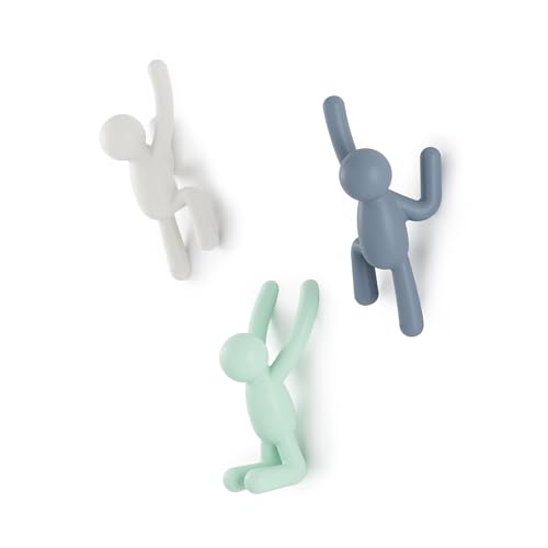 Umbra Buddy Wall Hooks – Decorative Wall Mounted Coat Hooks for Hanging Coats, Scarves, Bags, Purses, Backpacks, Towels and More, Set of 3, White/Grey/Mint - color: White/Mint/Blue