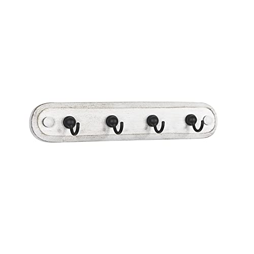 Spectrum Farmhouse Key Holder Wall Mount Rack for Entryway Garage Mudroom Hanging Organization, Easy Install Rustic Key Ring Holder Rack for Keychains Rings & Fobs, White Washed with Black Hooks