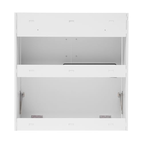 Wall Mounted Folding Desk with LED Light, Space-Saving Laptop Table for Home Office, Writing Workstation with Storage Shelves and Drawer, Floating Cabinet, 58x20x60cm (White) - color: White