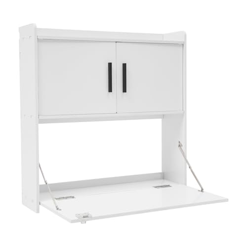 Wall Mounted Folding Desk with LED Light, Space-Saving Laptop Table for Home Office, Writing Workstation with Storage Shelves and Drawer, Floating Cabinet, 58x20x60cm (White) - color: White