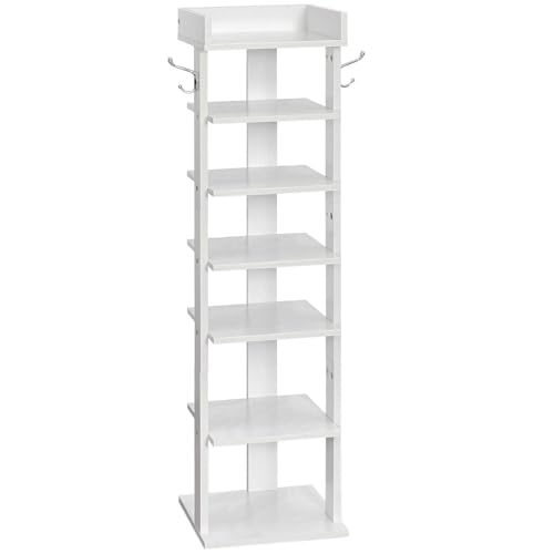 HOOBRO Vertical Shoe Rack for Front Door Entryway, 7 Tier Wooden Shoe Storage Organizer with Hooks, Narrow Shoe Tower for 7 Pairs, Space Saving, for Corner, Closet, Bedroom, White WT61XJ01 - color: White