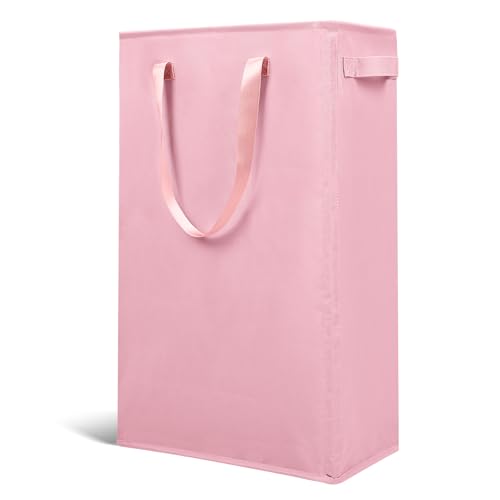 Odonata Slim Laundry Hamper Handles Collapsible Laundry Basket Thin Dirty Clothes Basket Narrow Laundry Bag Foldable Dirty Hamper 45L (Pink) - color: Pink