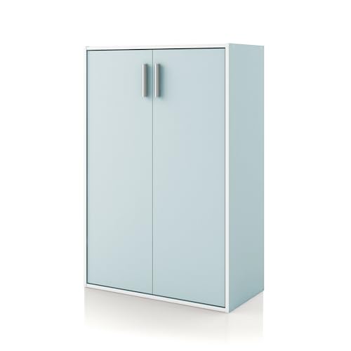 Homes: Inside + Out Apexa 3-Tier Stackable Wood Bookcase with Doors, Cube Storage Organizer Shelves, Small Food Pantry Cabinet, Dorm Teen Room Decor & Bedroom, Home Office, Kitchen, Light Blue - color: Light Blue, size: 3-Tier