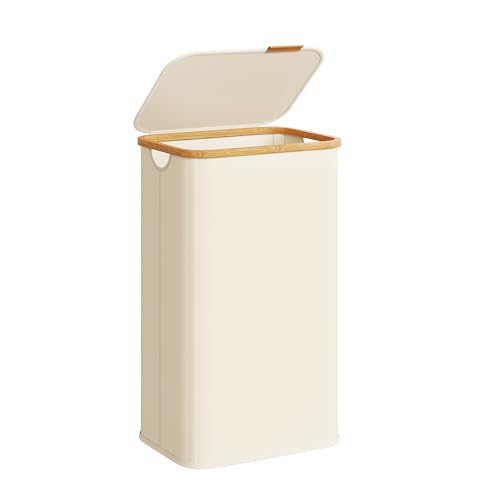 SONGMICS Laundry Hamper, Laundry Basket with Lid, Foldable Storage Basket, Bamboo Frame, for Bedroom, Living Room, Oxford Fabric, 26.4 Gal. (100 L), Cream White ULCB518WD01 - color: Cream White, size: 100 L (1-Section)