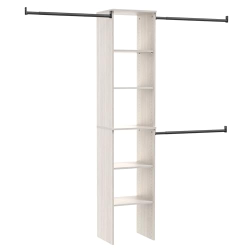 ClosetMaid SuiteSymphony Wood Closet Organizer Kit with Tower, (3) Hang Rods, (5) Shelves (2-Adjustable), Fits Spaces 4-9 ft. Wide, White Timber