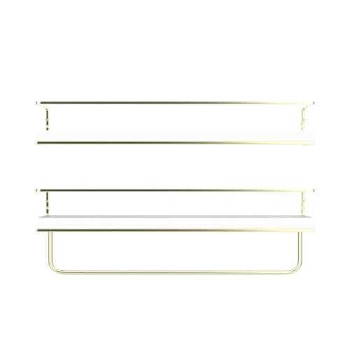 Shario White Floating Shelves - Set of 2, Wall Mounted Hanging Shelves with Golden Towel Rack, Decorative Storage Shelves for Bathroom, Kitchen, Living Room & Bedroom (White Gold, 15.7 Inches) | Hanging Shelves - color: White Gold