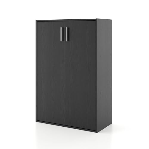 Homes: Inside + Out Apexa 3-Tier Stackable Wood Bookcase with Doors, Cube Storage Organizer Shelves, Small Food Pantry Cabinet, Dorm Teen Room Decor & Bedroom, Home Office, Kitchen, Black - color: Black, size: 3-Tier