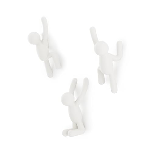 Umbra Buddy Wall Hooks – Decorative Wall Mounted Coat Hooks for Hanging Coats, Scarves, Bags, Purses, Backpacks, Towels and More, Set of 3, White - color: White