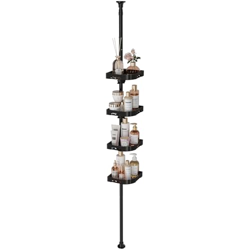 akinbas Tension Pole Shower Caddy Organizer with4 Tier L-Shaped Rust Resistant Bathroom Corner Shelves with 34-124 Inch Adjustable No Drilling Quick Install Shower Rack for Bath Essentials (Black) - color: Black, size: 4 Tier-Standard