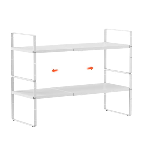 2Pack 16.5-27’’L Expandable Cabinet Shelf Organizers, Stackable Metal Shelves Extender for Kitchen Countertop Storage, Adjustable Spices Shelves Rack Stand for Cupboard Pantry, White - size: 2Pack-Common-8''Wx(16.5-27'')Lx9.6''H-White