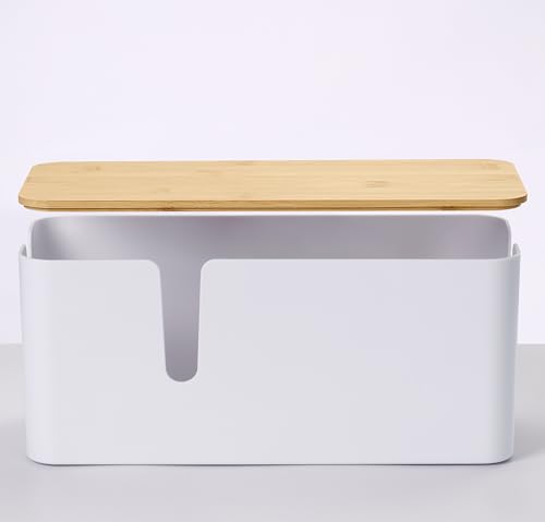 ZhiYo Bamboo Lid Cord Organizer Box, Safe ABS Cable Management Box for TV and Computer, Wood Cover Cord Hider to Hide Wires, Router, USB Hub & Under Desk Power Strip, 1 Pack L13.1 xW5.6 xH5.6 White - color: White, size: L