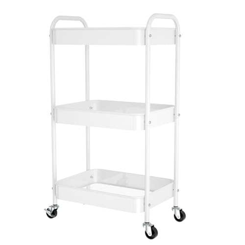 3-Tier Rolling Metal Storage Cart with Wheels, Multi-Functional Organizer for Office, Kitchen, Bathroom, Books Diapers - Easy Assembly (White) - color: White