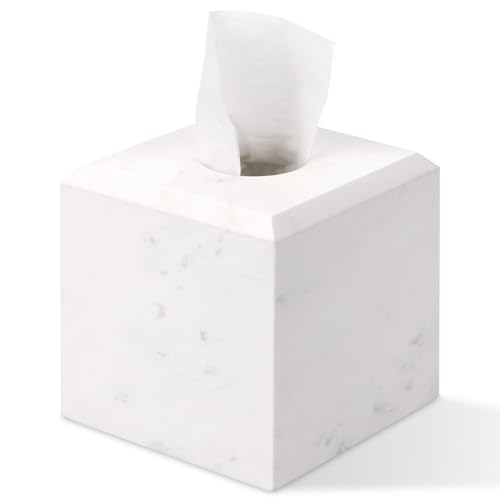 Natural Marble Square Tissue Box Cover,Stone Modern Decorative Sturdy Napkin Box Holder Case,Facial Paper Organizer for Bathroom Vanity Toilet Countertop,Kitchen (1, Jazz White, 5.71 * 5.71 * 5.51) - color: Jazz White