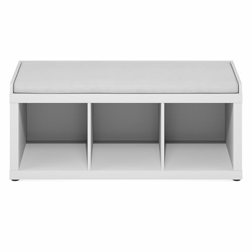 Furinno Cubicle Storage Bench, Shoe Bench with Padded Seat Cushion, 3-Cube Open Shelves Entryway Bench, for Closet, Entryway, Living Room, White