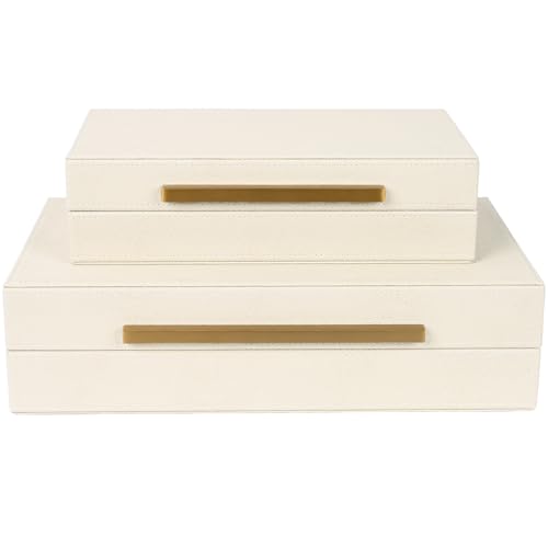 Beige Shagreen Decorative Storage Boxes – Set of 2 Faux Leather Jewelry & Memory Boxes with Gold Metal Handles, Nesting Photo Organizers for Home Decor, Gift, and Office Organization - color: Beige+Gold Handles, size: 2 pack
