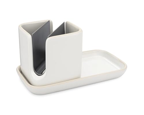 Full Circle Stash, Ceramic Kitchen Sink Caddy, Stylish Sponge Holder & Dish Brush Organizer, Easy to Clean, Dishwasher Safe, Rustproof, White and Gray, 11" - color: White/Gray