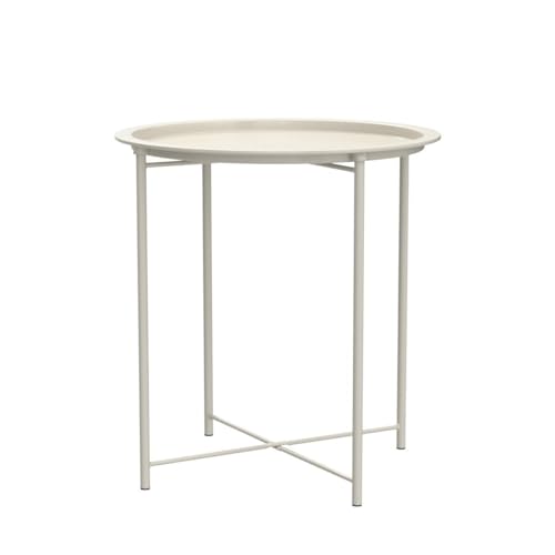 VECELO Side/End Table, Folding Round Metal Anti-Rust and Waterproof Outdoor or Indoor Tray for Living Room Bedroom Balcony and Office, 2 PCS, Beige - color: Beige, size: 2 PCS