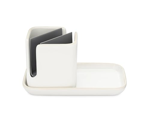 Full Circle Stash, Ceramic Kitchen Sink Caddy, Stylish Sponge Holder & Dish Brush Organizer, Easy to Clean, Dishwasher Safe, Rustproof, White and Gray, 11" - color: White/Gray