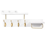Coat Rack Wall Mount with Shelf, 4 in 1 Wood Coat Hooks with Key and Mail Holder, 17 Inch Entryway Hanging Shelf with Sunglasses Holder and 4 Metal Hooks for Clothes Hats Bag, White and Gold - color: White