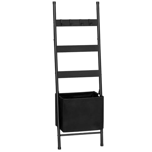 HOOBRO Blanket Ladder with Basket, 17.3”L x 63.4”H, Towel Rack with Hooks, Blanket Holder Rack, Decorative Ladder Shelf, Drying and Display Rack for Bathroom, Living Room, Black BB31CJ01 - color: Black + Black