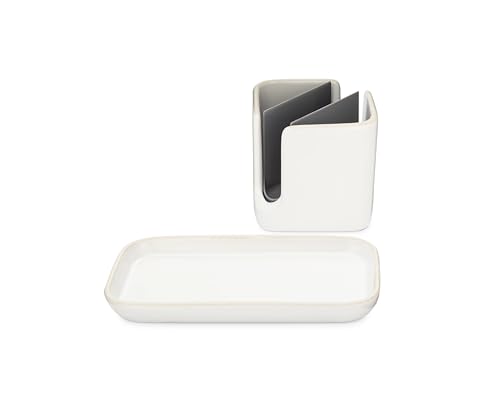 Full Circle Stash, Ceramic Kitchen Sink Caddy, Stylish Sponge Holder & Dish Brush Organizer, Easy to Clean, Dishwasher Safe, Rustproof, White and Gray, 11" - color: White/Gray