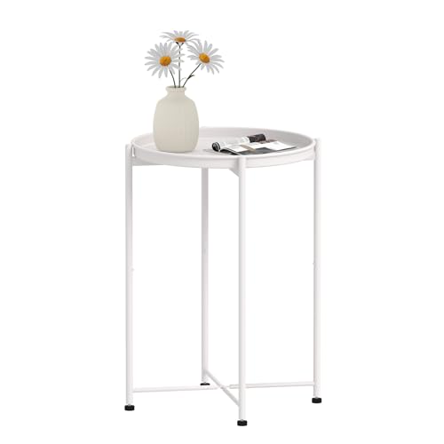 Garden 4 you Small Side Table, White Mini Round End Table, Tray Table with Metal Frame, Modern Nightstand for Living Room, Bedroom, Patio, Small Space, 1PCS - color: White, size: 1 PCS