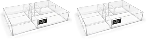 Isaac Jacobs 8-Compartment Clear Acrylic Drawer Organizer (13" L x 8.1" W x 2.3" H), Multi-Sectional Tray & Storage Solution for Makeup, School & Office Supplies, Bathroom, Kitchen (Pack of 2) - size: 8-Compartment (Pack of 2)