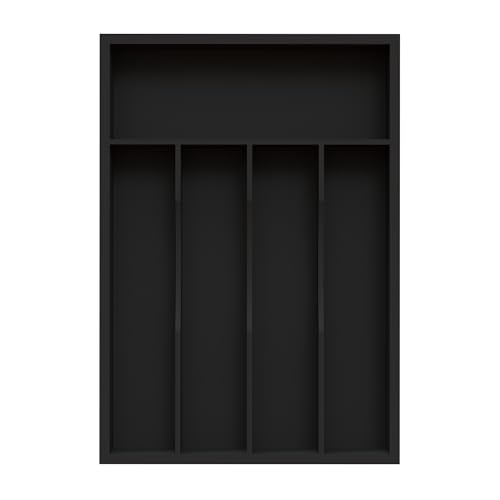 Bamboo Silverware Organizer, Kitchen Drawer Organizer, Utensil Holder, Cutlery Tray & Spoon Flatware Storage with Grooved Drawer Dividers (Black, 9.5''W x 13.5''D) - color: Black, size: 9.5''W x 13.5''D