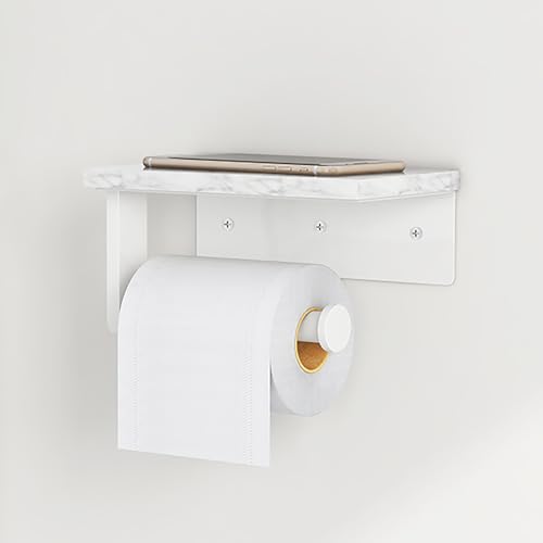 Gypie Toilet Paper Holder with Natural Marble Shelf, 304 Stainless Steel Screw Wall Mounted, Tissue Roll Paper Holder Dispenser for Bathroom Washroom White - color: White, size: 1 Roll