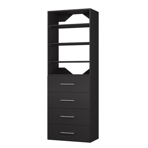 ROOMTEC Modular Closet System, 31.5" 4 Drawer Shelf Closet Tower Wall-Mounted Closet Organizer, Wooden Tower for Walk-In Closets, Wardrobe Storage Kit, Black - size: 31.5" Wide, style: Model 8