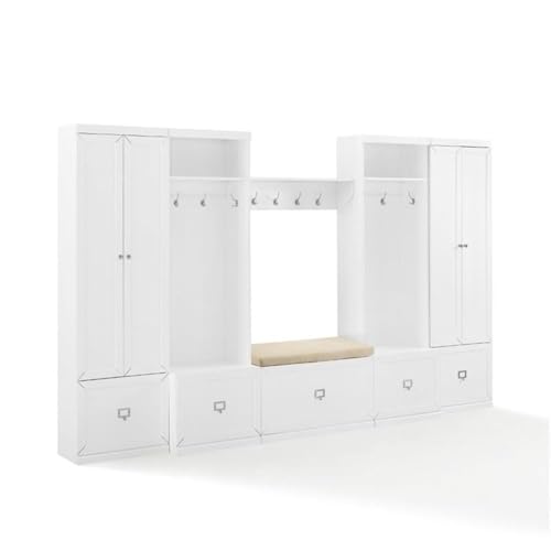 BOWERY HILL 6-Piece Modern MDF/Birch Veneer Entryway Set, White/Tan Finish, Includes Bench with Cushion, Shelf, 2 Pantry Closets, 2 Hall Trees, Modular Storage Solution for Foyer or Mudroom