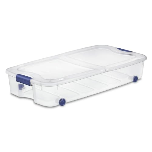 66 Quart Wheeled Latch Box, Clear Underbed Storage Bin with Lid, Blue
