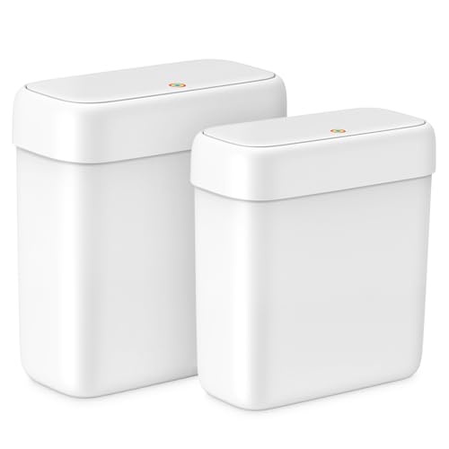 MOPALL 2 Pack Small Bathroom Trash Can with Lid, 3.2 Gallon / 11.5 L & 2.6 Gallon / 10 L Waste Basket with Pop-Up Lid, Slim Plastic Garbage Bin Dog Proof for Kitchen, Bedroom, Office, Toilet, White - size: 3.2 Gallon & 2.6 Gallon
