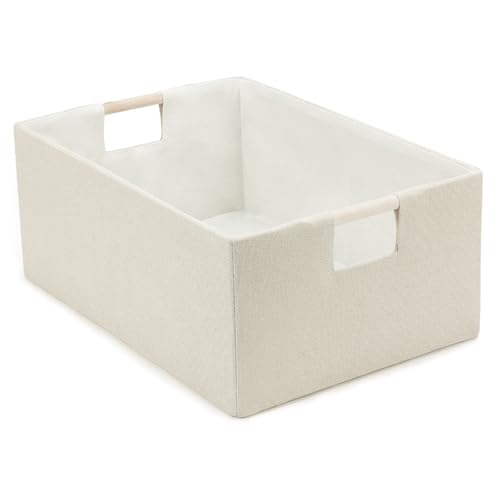 Foldable Fabric Storage Basket for Shelves, Linen Decorative Storage Bin with Wooden Handles, Small Organizer Cube for Closet, Rectangle Canvas Box for Organizing, Decor, 15x10.6x6 Inches (Beige) - color: Beige