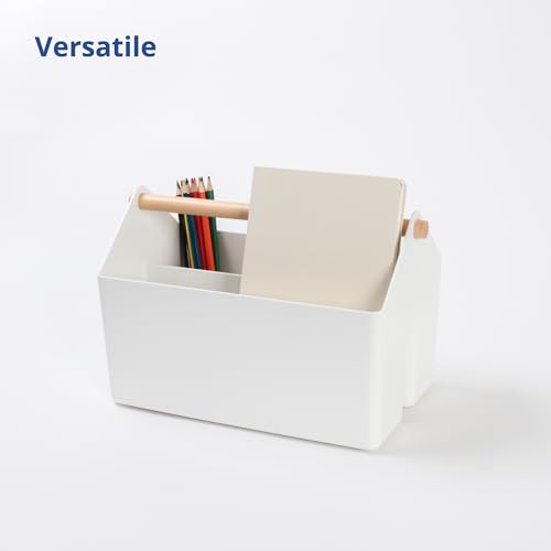 BLUE GINKGO Medium Storage Basket – Plastic Caddy with Wooden Handle for Office, Arts & Crafts, or Home Supplies (White) - color: WHITE, size: Medium