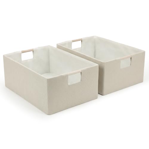 Foldable Fabric Storage Baskets Set of 2 for Shelves, Linen Decorative Storage Bins with Wooden Handles, Small Organizer Cubes for Closet, Rectangle Canvas Boxes for Organizing, Decor (Beige 2 Pack) - color: Beige 2 Pack
