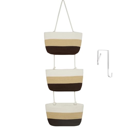 TeoKJ Over the Door Hanging Basket, 3-Tier Woven Cotton Wall-Mounted Storage Organizer Bag Decorative Hanging Nursery Baskets，Gradient Brown - color: Gradient Brown