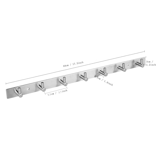 Towel Hook Rack Wall Mounted 17-Inch Coat Hanger with 7 Heavy Duty Hook, Easy to Install Rail for Bedroom, Bathroom, Foyer, Hallway, Garden, Office (304 Stainless Steel Brushed Nickel)