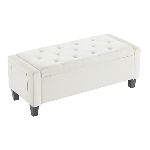 Velvet Storage Ottoman Bench for Bedroom, End of Bed Bench with Button, Side Storage Pockets, Organizer Storage Chest, Upholstered Foot Rest, Load up to 400 lb, for Living Room, Entryway, Beige - color: Beige