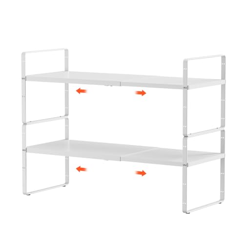 2Pack 16.5-27’’L Expandable Kitchen Shelf Organizer, Stackable Shelves Organizer, Adjustable Height Pantry Spice Rack for Cabinet, Countertop, Pantry and Cupboard, White - size: 2Pack-Common-10.2''Wx(16.5-27'')Lx9.6''H-White