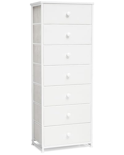 Crestlive Products Tall Dresser, 7-Drawer Fabric Storage Tower, Chests of Drawers - Vertical Organizer Unit for Bedroom, Hallway, Entryway, Nursery, Closets - Steel Frame, Wood Top & Handles (White) - color: White, style: Narrow-7 Drawers