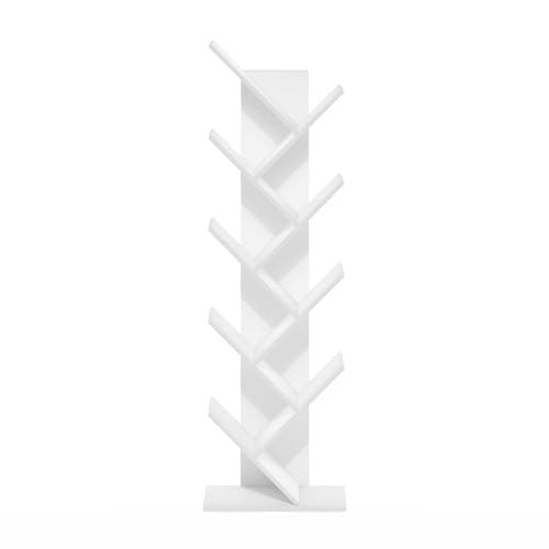 Furinno TREE Book Shelf, 9-Tier Bookshelf, Tree Bookcase with Angled Open Shelf, 8.4 x 15.7 x 50.9, for Room Decor, for Living Room, Bedroom, Home Office, White - color: White, size: 9-Tier Tree Bookcase